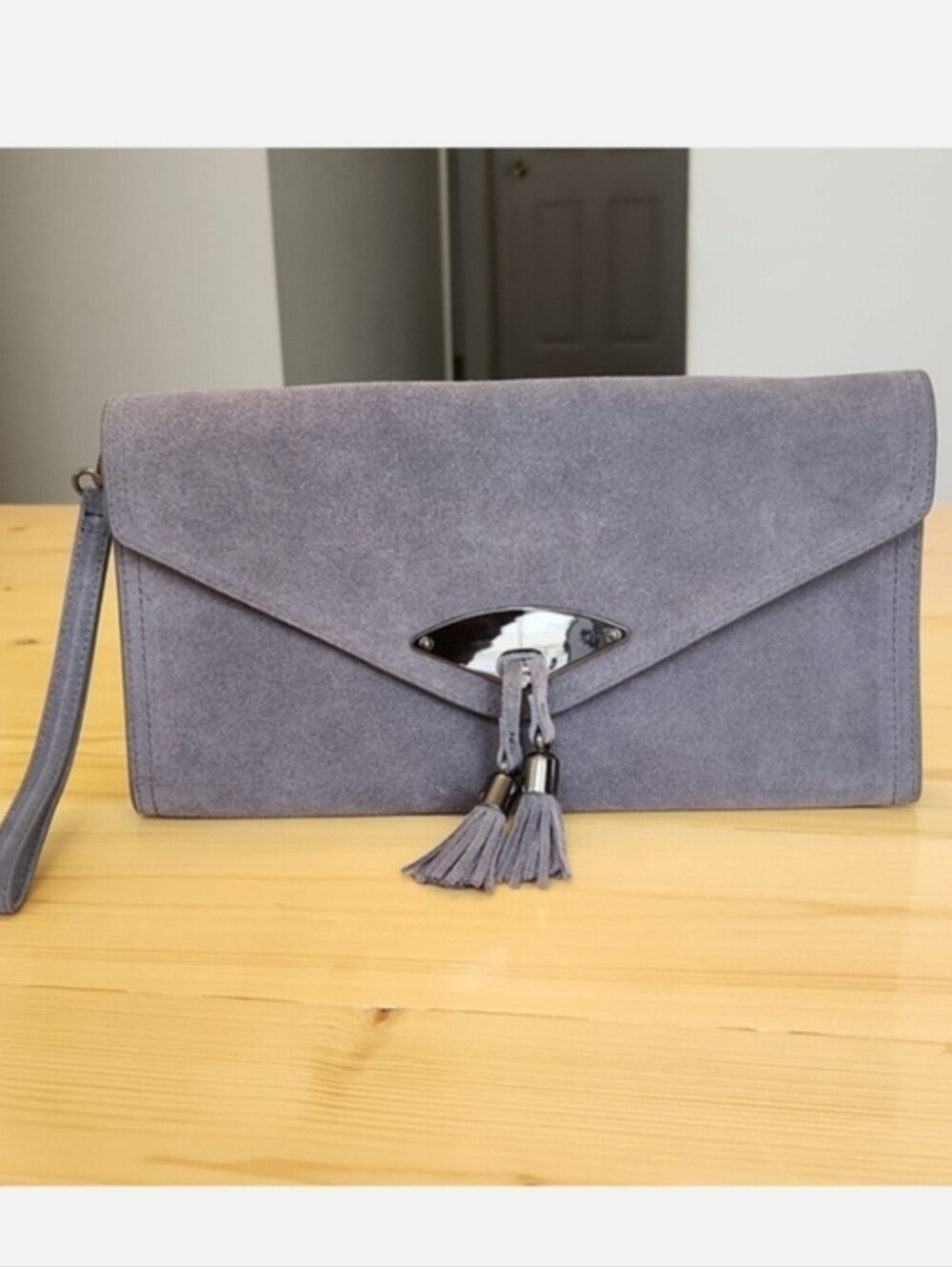 White House Black Market Gray Suede Clutch Wristlet Bag Tassels Envelope - Picture 3 of 13